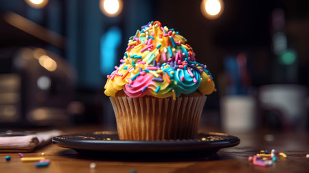 Cupcake with rainbow icing on a black plate in a cafeの素材