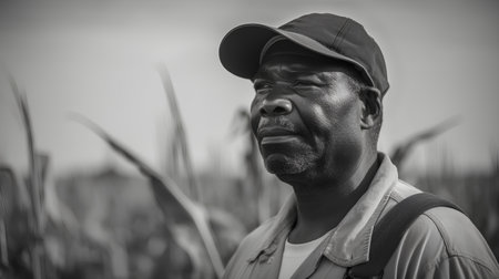 Portrait of an African American farmer standing in a corn field.の素材