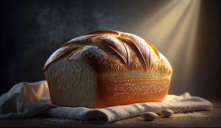 loaf of bread with sugar on a wooden table in the rays of lightの素材