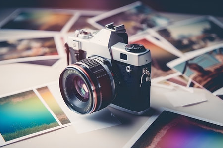 Retro camera on a table with photos. Vintage style tonedの素材