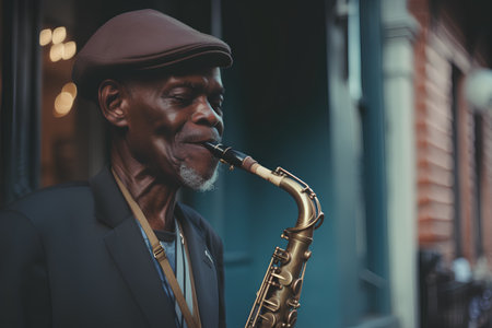 African american jazz musician playing the saxophone in the street.の素材