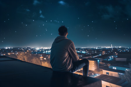 young man sitting on the roof and looking at the city at nightの素材