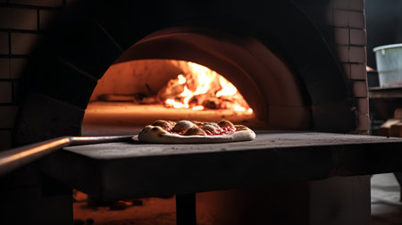 Hot pizza in the oven. The oven is filled with pizza.の素材
