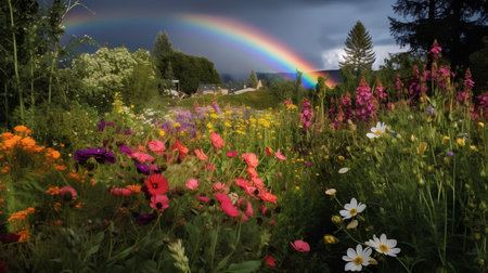 Rainbow over the meadow with wildflowers and colorful flowersの素材