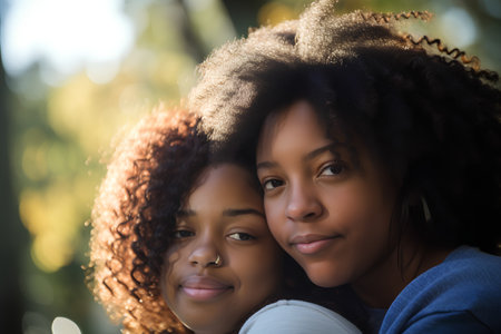 Portrait of two afro american women looking at camera in parkの素材