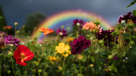 Colorful flowers in the garden with rainbow in the background. Selective focus.の素材