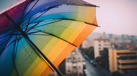 Rainbow umbrella on the background of the city. Selective focus.の素材