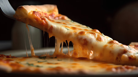 Pizza with mozzarella cheese on a black background. Selective focus.の素材