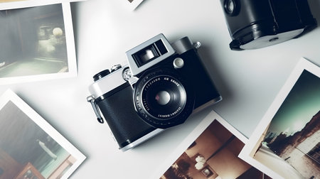 Retro camera on a white background. Vintage camera with film.の素材