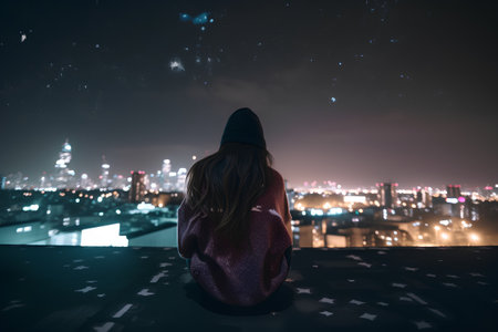 Young woman sitting on the roof of a skyscraper and looking at the night cityの素材
