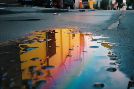 Rainbow reflected in a puddle on a street in the cityの素材