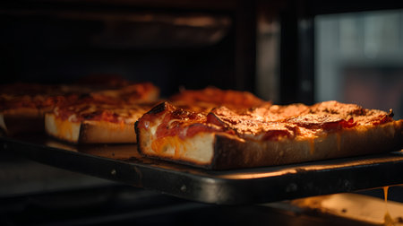 Baked pizza in the oven. Selective focus. Toned.の素材