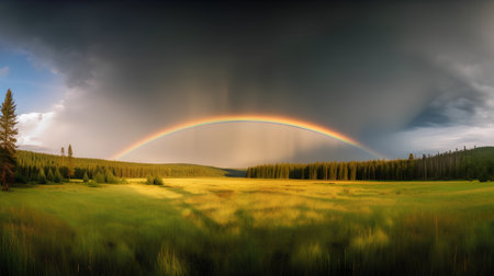 Rainbow over the meadow in Yellowstone National Park, Wyoming.の素材