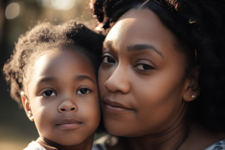 Close up portrait of a beautiful African American mother and her daughter looking at the cameraの素材
