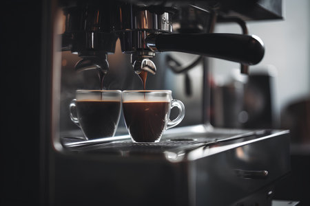 Coffee machine making a cappuccino in a coffee shopの素材