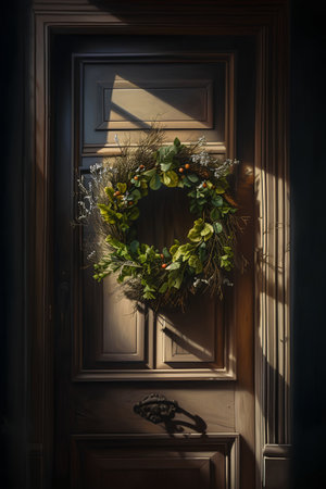 Christmas wreath on the door of a dark room with wooden doorsの素材