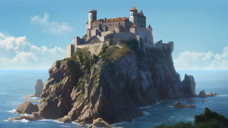 Panoramic view of medieval castle on the cliff. 3D renderingの素材