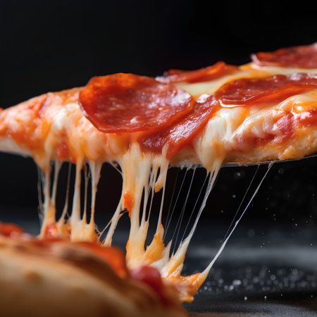 Slice of pizza with salami on black background, closeupの素材