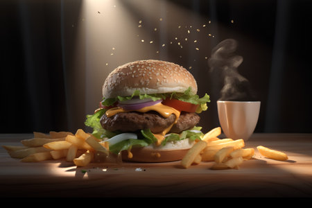 Cheese burger - American cheese burger with Golden French fries on wooden tableの素材