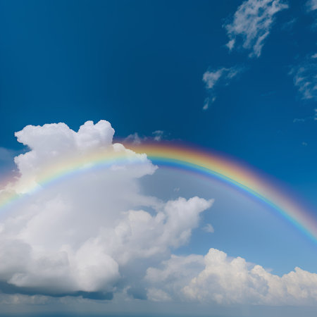 colorful rainbow in the blue sky and white clouds with copy spaceの素材