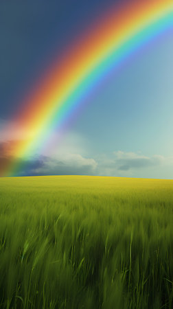 Rainbow over green field and blue sky, 3d render.の素材
