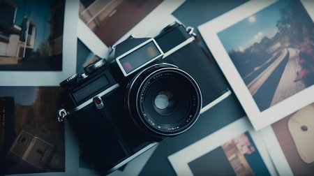Retro camera and film on the background of an old photo albumの素材