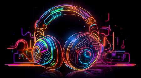 Neon headphones on black background. Music concept. Vector illustration.の素材