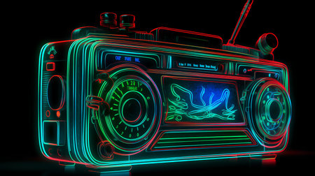 Retro radio in neon style on black background. 3d illustrationの素材