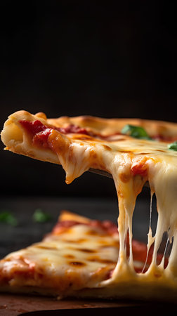 Pizza with mozzarella cheese and tomato sauce on black backgroundの素材