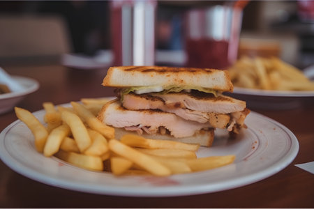 Sandwich with chicken and french fries on a white plate in a restaurantの素材