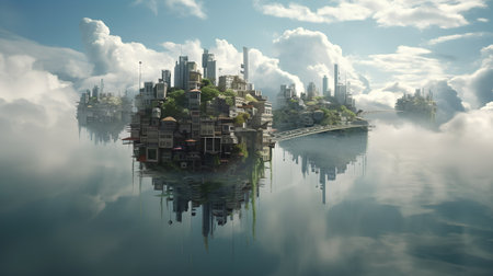 Futuristic city in the clouds with reflection in water. 3d renderの素材