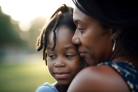 African american mother and daughter hugging in the park at sunset.の素材