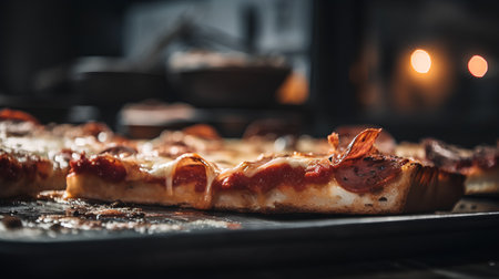 Slices of pizza on a baking sheet in the oven.の素材