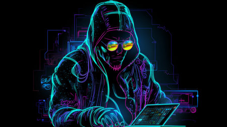Cyberpunk style illustration of a hacker with a laptop in his hands.の素材