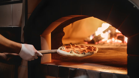 pizza in the oven on the wooden table in the restaurant kitchenの素材