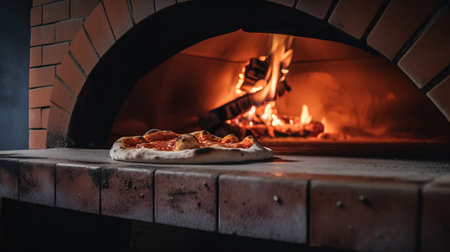 Pizza in the oven on a background of a brick fireplace.の素材