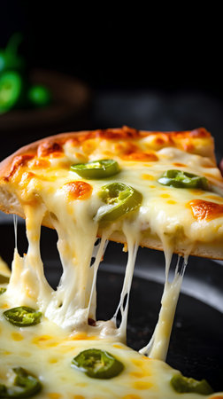 Pizza with mozzarella cheese and green peppers on a black backgroundの素材