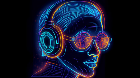Neon face of a man with headphones and glasses. Vector illustration.の素材