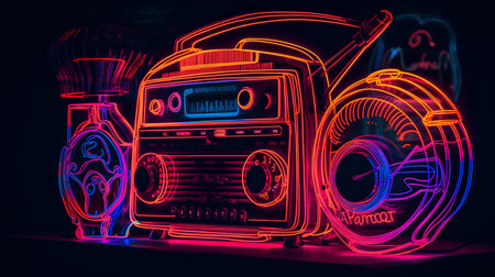 Retro radio set in neon light. 3d illustration. Neon effect.の素材