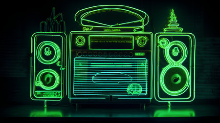 Retro radio with green neon lights on dark background. 3D renderingの素材