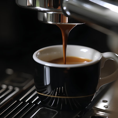 espresso pouring into a cup of coffee, shallow depth of fieldの素材