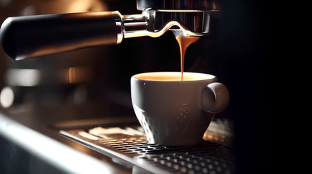 espresso machine pouring milk into a cup of coffee, close upの素材