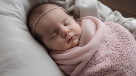 Cute newborn baby girl sleeping on a soft blanket. Sweet dreams.の素材