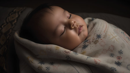 Cute asian baby sleeping under a blanket in the dark.の素材