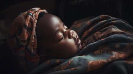 Close up portrait of a sleeping african american baby wrapped in a blanketの素材