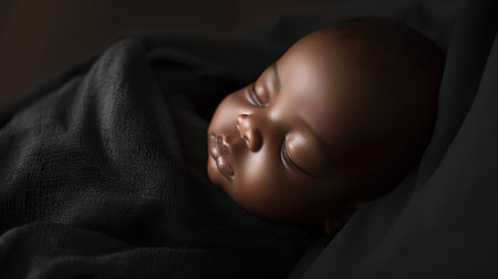 Close up portrait of a sleeping African American baby boy. Black background.の素材