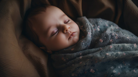 Cute little baby sleeping on a soft blanket. Soft focus.の素材