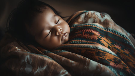 Cute asian baby sleeping on the bed at home. Vintage styleの素材