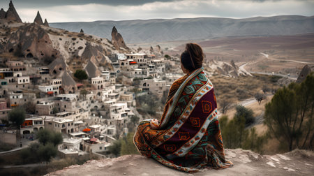 A girl in a shawl sits on the edge of a cliff and looks at the city of Cappadocia.の素材