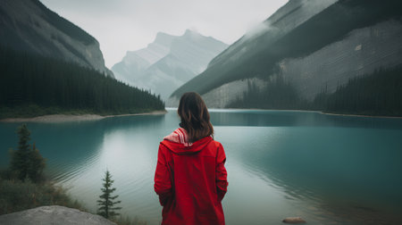 A girl in a red jacket stands on the edge of a mountain lake.の素材